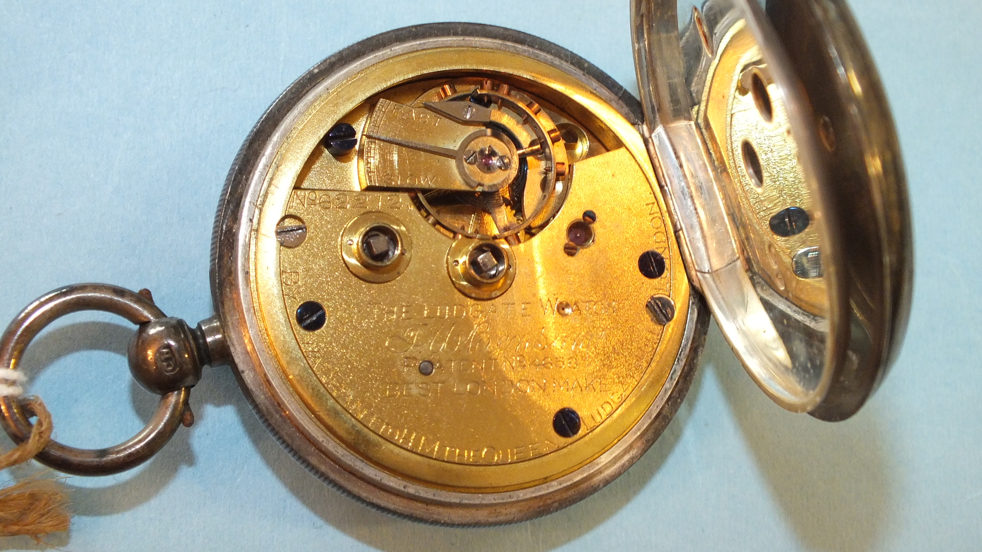 J W Benson, an open-face key-wind pocket watch, "The Ludgate Watch", with engine-turned silver case, - Image 2 of 2