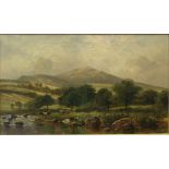 C Brewer NORTH WALES, CATTLE BY A RIVER Signed oil on canvas, 38 x 64cm.