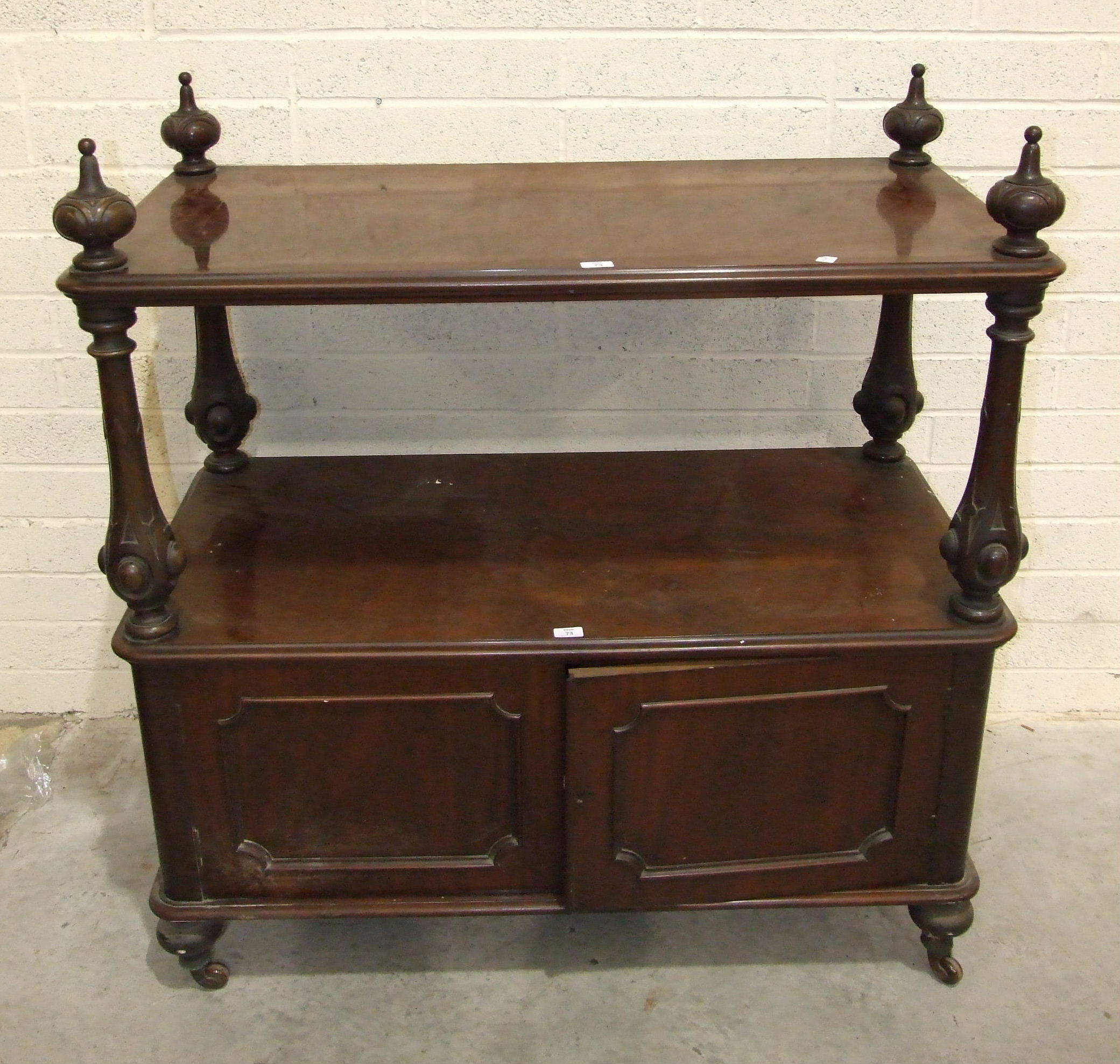 A Victorian walnut two-tier dinner wagon, the upper tier with moulded edge on carved turned - Image 2 of 2