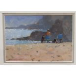 Michael Hill (b. 1951) FIGURES ON A BEACH Oil on board, 13.5 x 20cm.