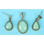 An oval jade pendant in 9ct gold rope-twist mount and a pair of matching earrings of teardrop