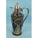 A Victorian Doulton Lambeth silver-mounted jug, the tapered body with jewelled raised leaf