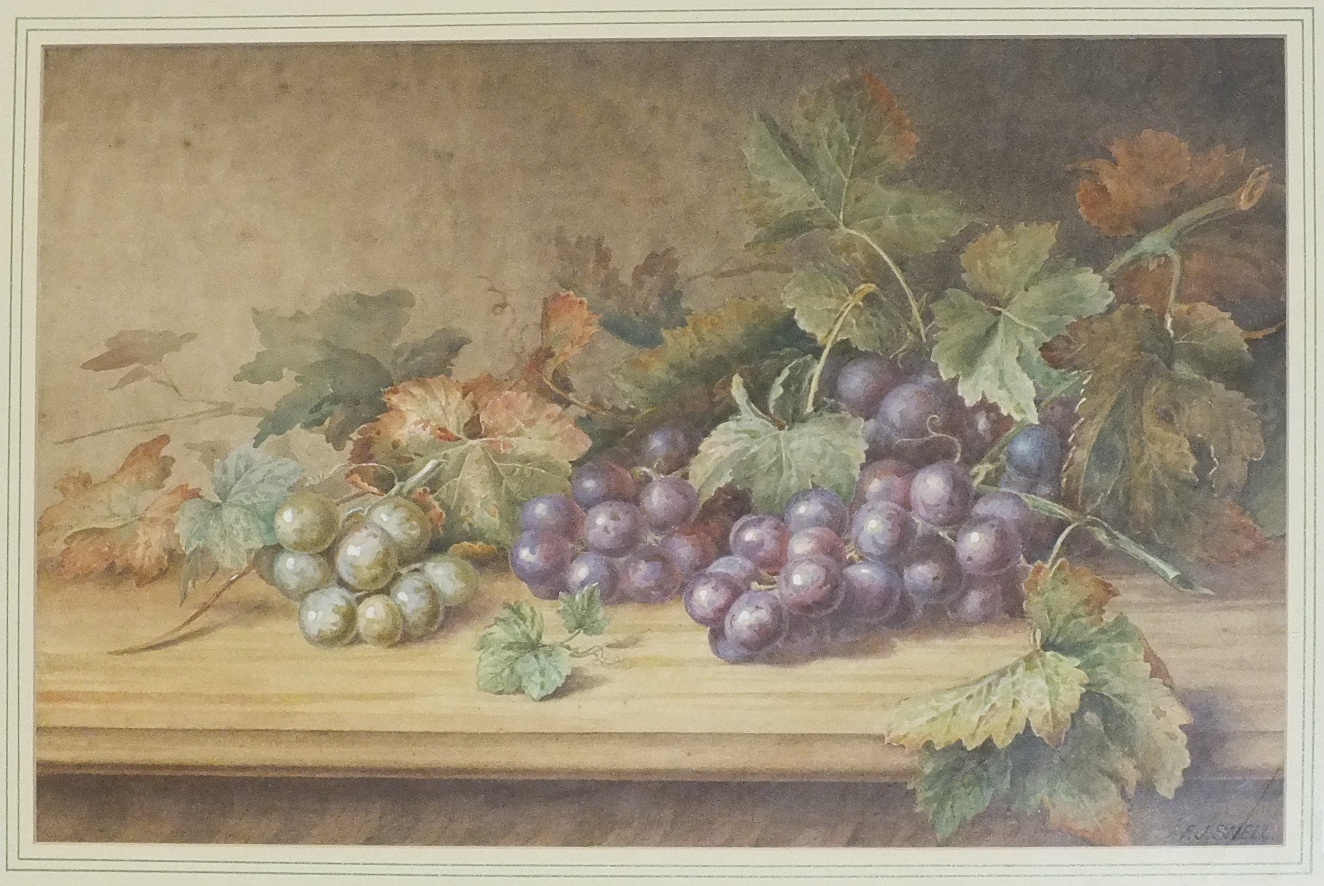 F J Snell STILL LIFE, GRAPES ON A MARBLE SLAB Signed watercolour, 29 x 45cm.