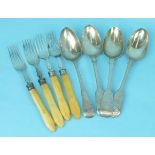 Five 19th century dessert spoons, various dates and makers and other flatware, approximately