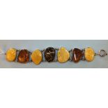 A bracelet of seven amber plaques of irregular shape set in silver, marked '925', with bolt-ring