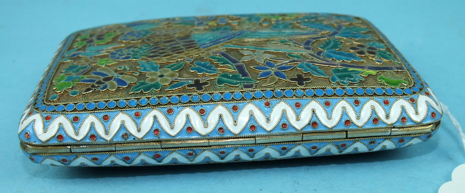 A Russian silver gilt and plique-à-jour enamel cigarette case, each hinged side decorated with a - Image 7 of 8