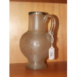 A Victorian commemorative ribbed opaque glass jug with clear glass handle and silver rim, London
