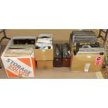 A collection of various LP and 45RPM records and two Roberts R707 transistor radios.