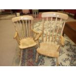 A pine lathe-back farmhouse-style armchair, a similar stick-back armchair and a collection of