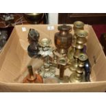 A small brass Bass Pale Ale bottle, 8cm high, two pairs of brass candlesticks, other brassware and a