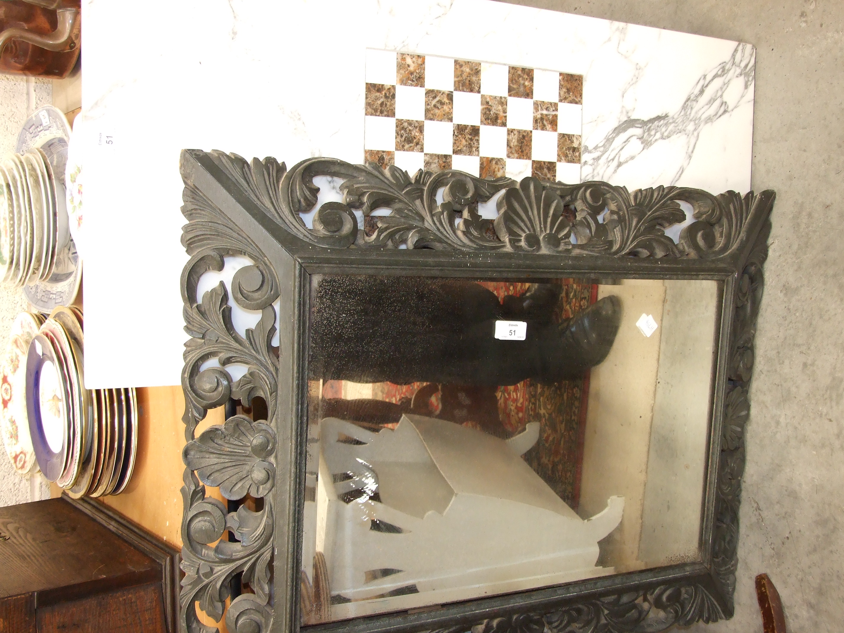 A carved ebonised-frame rectangular wall mirror, 64 x 84cm overall, one other mirror and a marble - Image 2 of 2