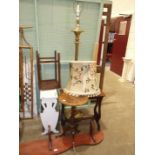 A gilt wood standard lamp with turned and reeded column on circular base, a stained wood organ stool