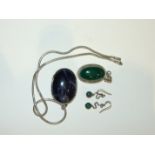 A silver-mounted bluejohn pendant, 4.1cm long, on silver snake chain, a silver-mounted malachite