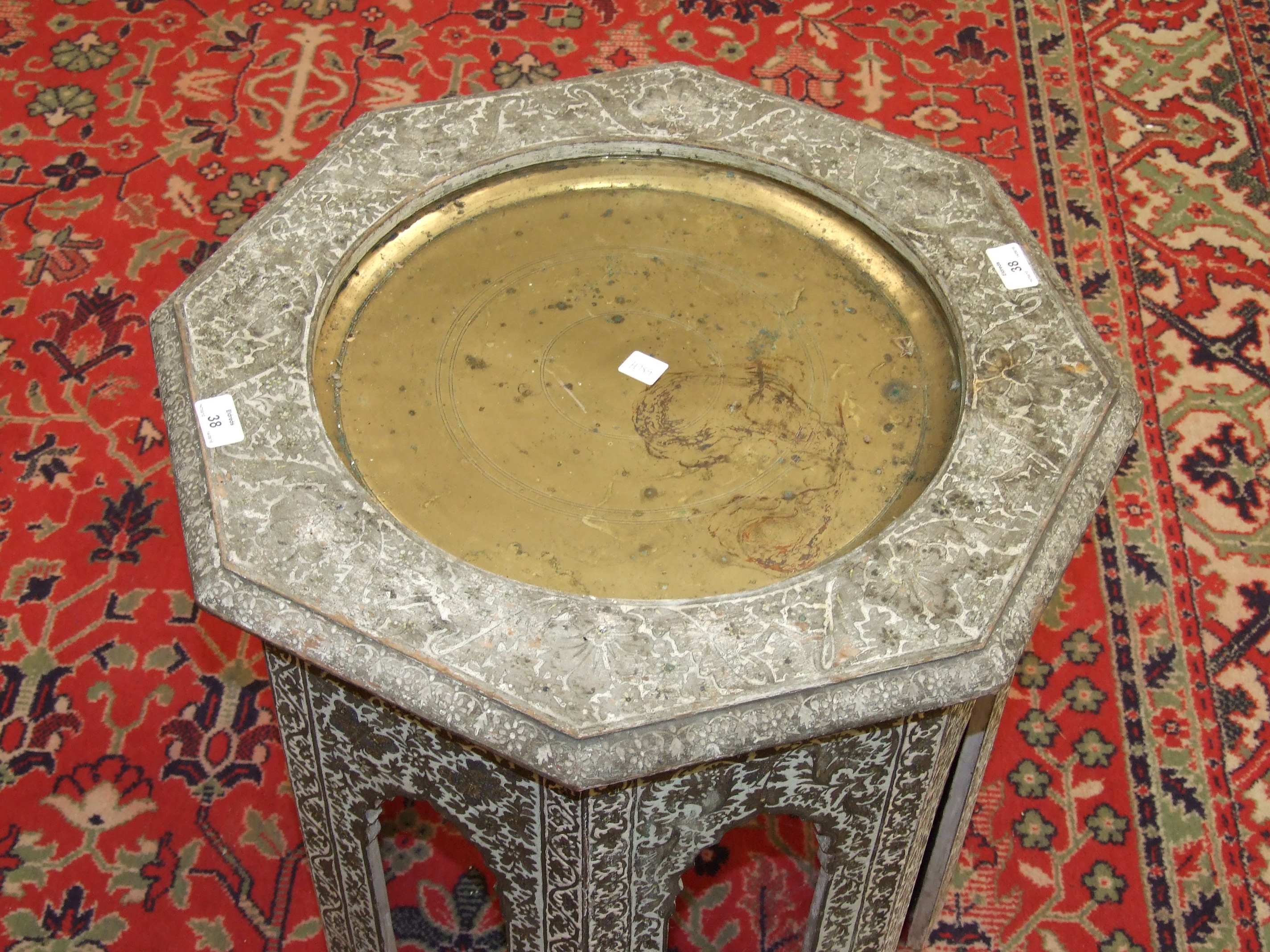 A Middle Eastern painted wood octagonal occasional table, the top with central inset brass tray, - Image 2 of 2