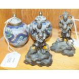 A small pair of Chinese cloisonné baluster ink pots and covers decorated with dragons chasing the