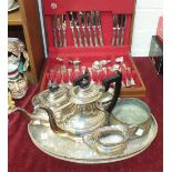 A Viners plated four-piece tea service, a plated tray, a copper bowl, a canteen of Spear & Jackson