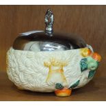 A Clarice Cliff 'Celtic Harvest' preserve pot with plated cover, factory mark to base, 14cm