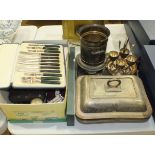 A quantity of plated cutlery, a pair of plated entrée dishes and covers and other platedware.