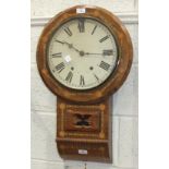 A late-19th century circular inlaid wood drop-dial striking clock, enamel dial a/f, 70cm.