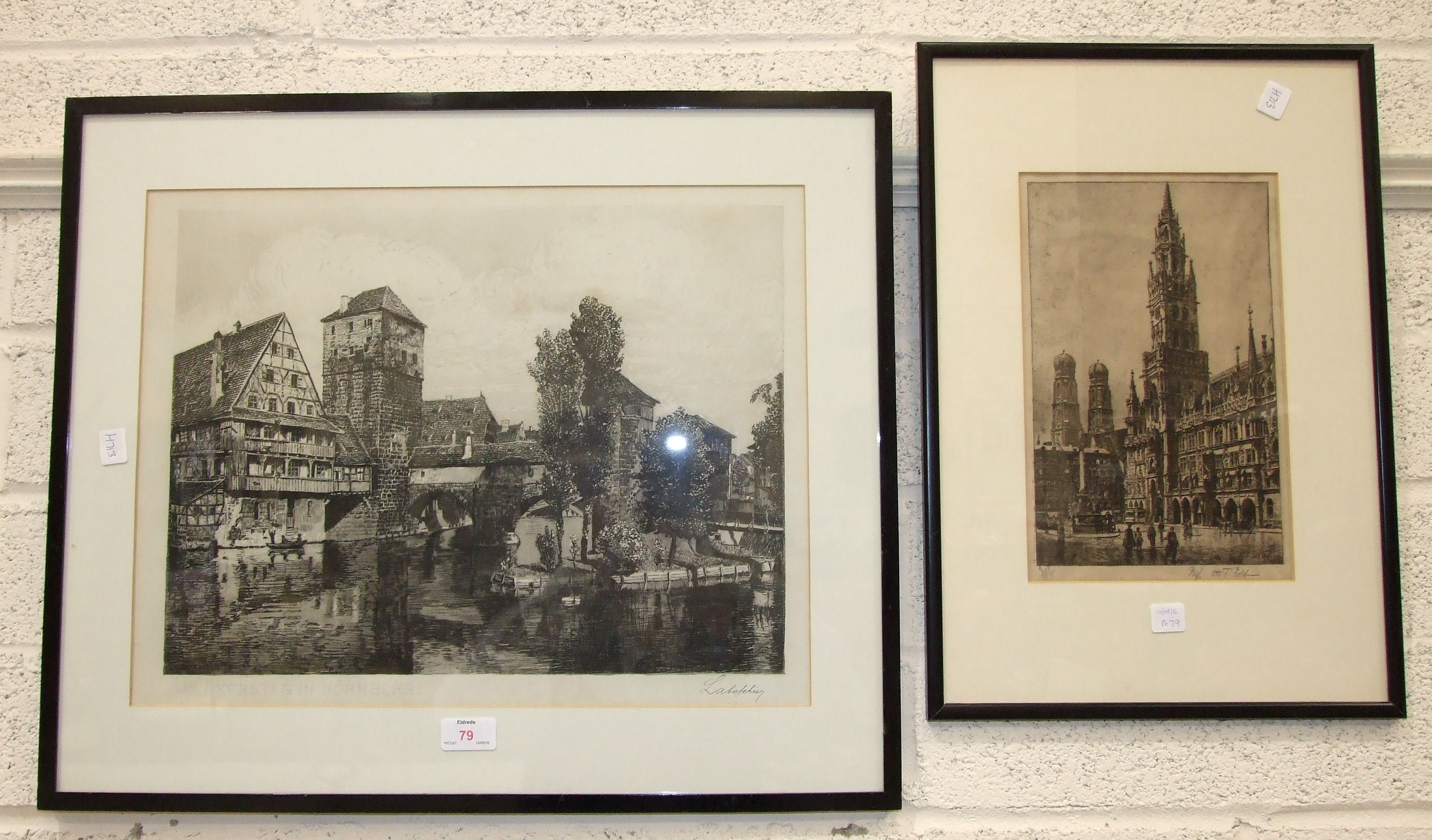 After Labo......., 'Henkersteg in Nurnberg', a framed etching, indistinctly signed in margin, 36 x - Image 2 of 3