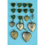 Ten small gilt metal and malachite sliders of heart shape and seven various heart-shaped lockets and