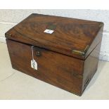 A brass-bound figured mahogany stationery box with hinged sloping lid, labelled 'F Waller, maker, 49