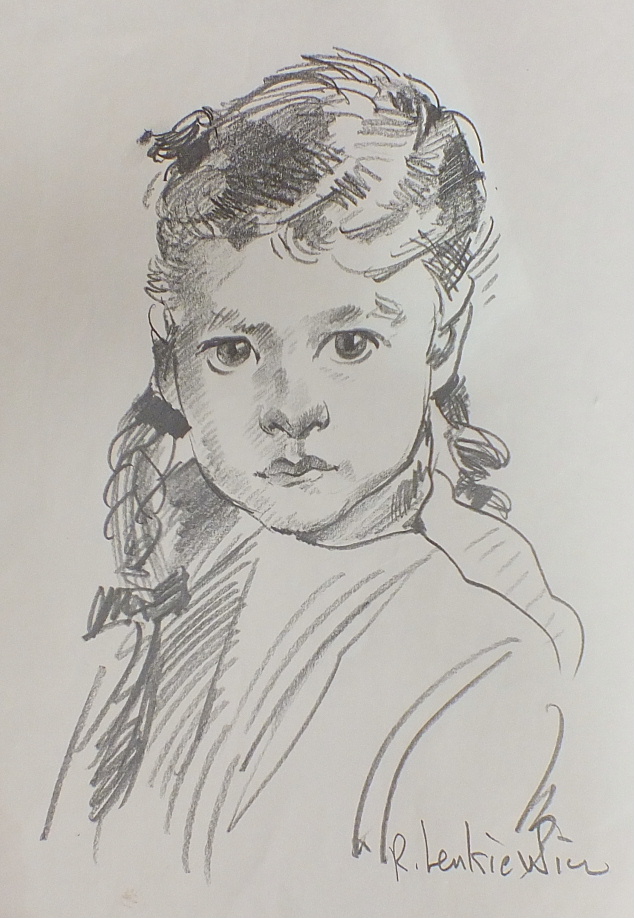 R O Lenkiewicz, a signed pencil sketch on paper, portrait of a young girl, 42.5 x 29.5cm and another