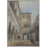 19th century Continental School CATHEDRAL CLOISTERS Unsigned watercolour, 40 x 27.5cm and an early-