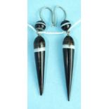 A pair of banded agate drop earrings with white metal ear wires, total length 61mm, (one a/f).