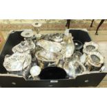 A three-piece silver-plated oval tea service and other plated items.
