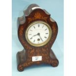 A 19th century rosewood and marquetry balloon-shaped mantel timepiece with white enamel dial, (