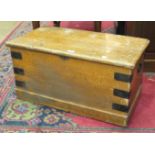 A metal-bound pine box, 76cm wide, a pine blanket chest, a tool box and a pine stool, (4).