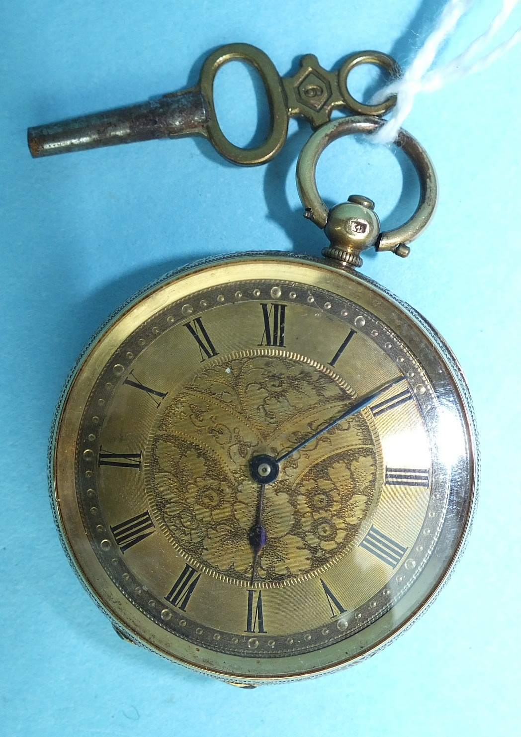 A ladies Continental 18k-gold-cased open-face key-wind pocket watch, the engraved gold face with