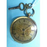 A ladies Continental 18k-gold-cased open-face key-wind pocket watch, the engraved gold face with