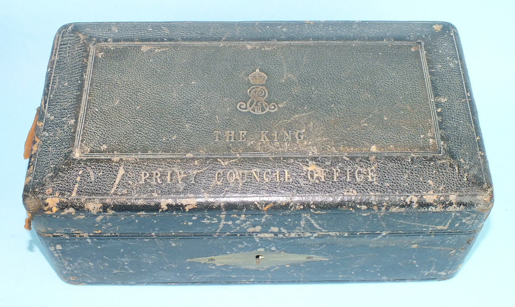 A leather-covered Privy Council Office document box, the tooled leather hinged lid with royal cipher - Image 4 of 5