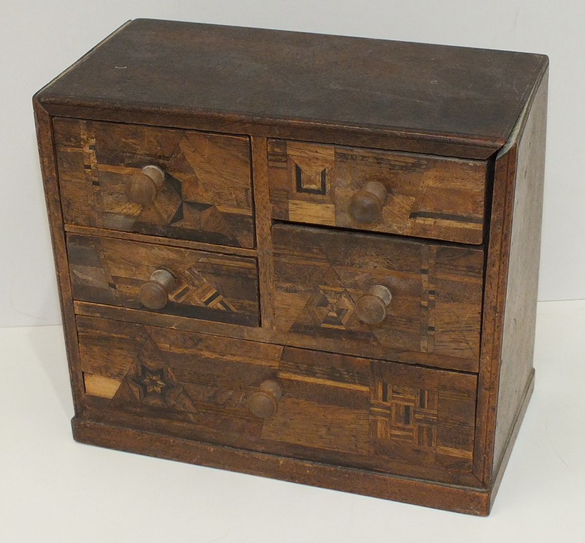 A small wooden chest with an arrangement of five marquetry-decorated drawers, 18cm wide, 15.5cm - Image 4 of 4