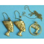 A pair of 9ct gold earrings in the form of the head of Nefertiti and a similar pendant on chain, 5.