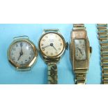 Three ladies 9ct-gold-cased wrist watches, one on 9ct gold bracelet, (14g), (3).