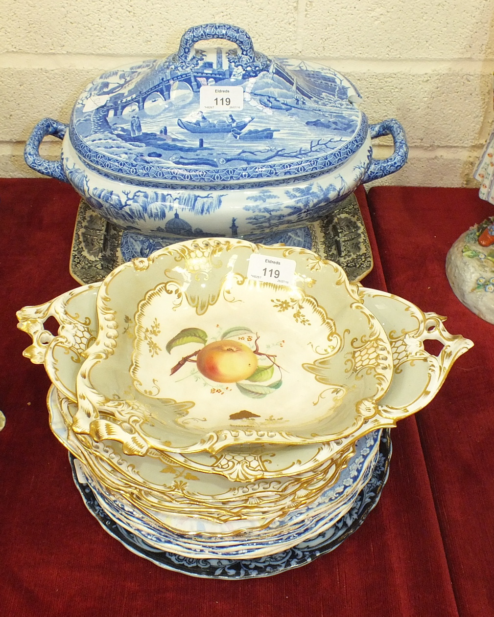 An early-19th century Spode transfer-printed pottery soup tureen and cover, various printed plates