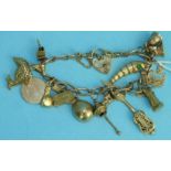 A 9ct gold curb-link bracelet with padlock clasp and fourteen charms, total weight 34.6g.