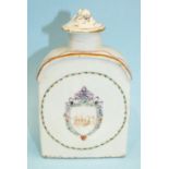 A late-18th century Chinese porcelain teapoy and cover c1790 decorated with an initialled crest, (