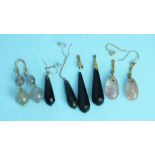 Two pairs of quartz drop earrings, a pair of gold-mounted jet drops, (one a/f) and a pair of jet