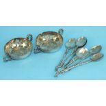 A pair of Continental two-handled embossed salts with import marks and a set of six coffee spoons.