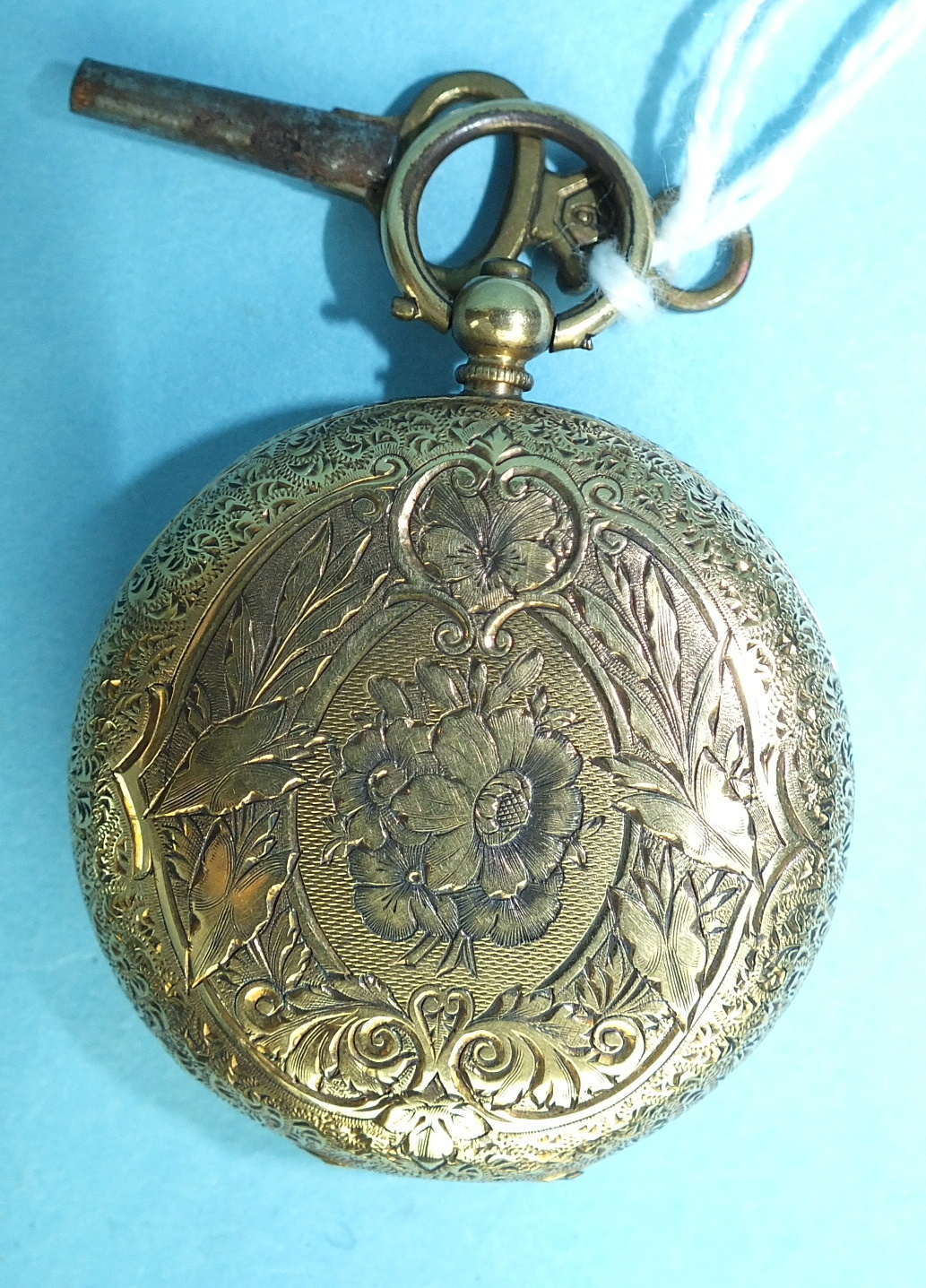 A ladies Continental 18k-gold-cased open-face key-wind pocket watch, the engraved gold face with - Image 2 of 2