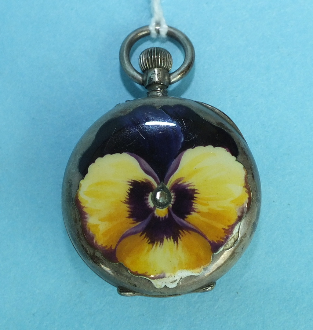 A ladies French 800-silver-cased keyless pocket watch, the back enamelled with a pansy flower