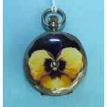 A ladies French 800-silver-cased keyless pocket watch, the back enamelled with a pansy flower