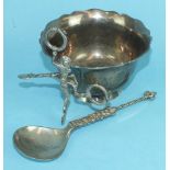 A Continental plain bowl with wavy rim, 13cm diameter, 8cm high, ___6.5oz, a spoon with chased