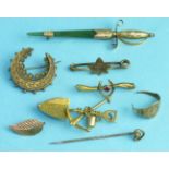 A yellow-metal-mounted jade brooch in the form of a sword, various other brooches, etc, weighable