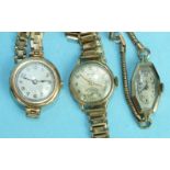 Three ladies 9ct-gold-cased wrist watches on plated bracelets, (3).