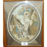 Two 19th century stumpwork and embroidery pictures, each depicting a mother and child in rustic